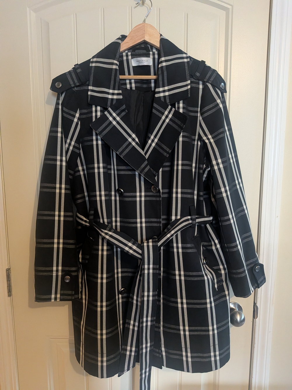 Black & White Plaid Trench Coat with Belt by Addition Elle
